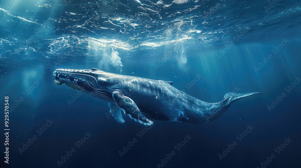 Fototapeta premium Humpback Whale Swimming Underwater with Sunlight Streaming Through the Surface