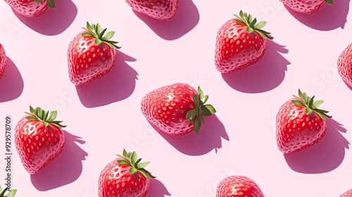 Repeating pattern of strawberries with hard shadows on a soft pink background, creating a playful and eye-catching design, perfect for fruit lovers.