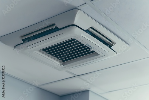 Selective focus on cassette type air conditioner mounted on ceiling wall. Cooling system