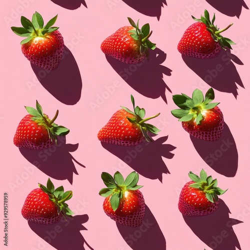 Strawberry Pattern with Hard Shadow on Pink Background