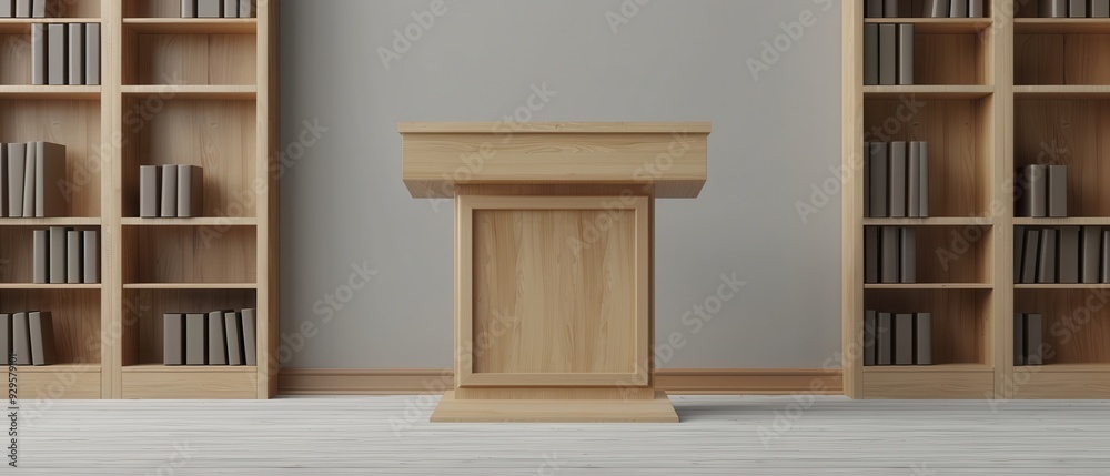 Wooden Lectern in a Room with Bookcases. Wooden Lectern in a Room with Bookcases.