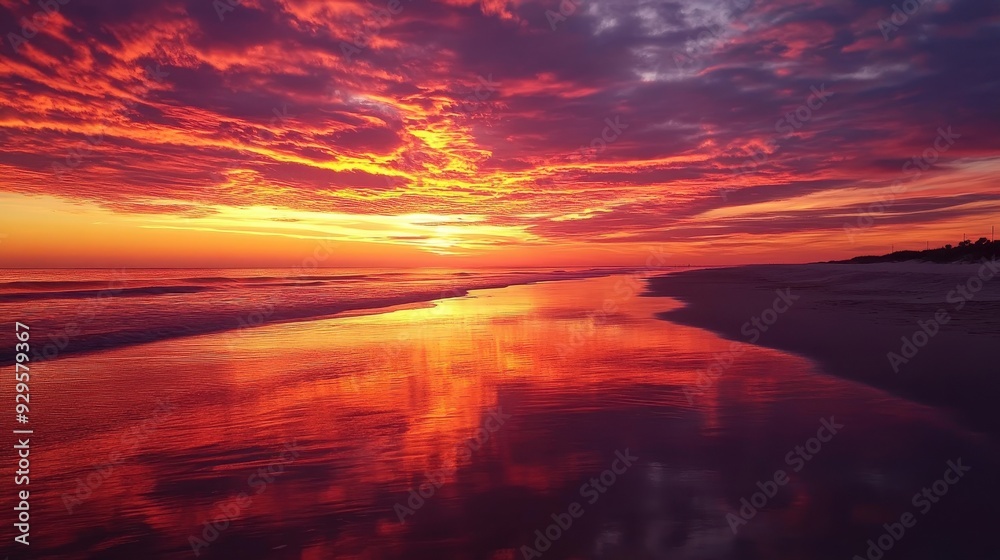 A breathtaking sunset over a tranquil beach, reflecting vibrant colors on the water. A breathtaking sunset over a tranquil beach, reflecting vibrant colors on the water.