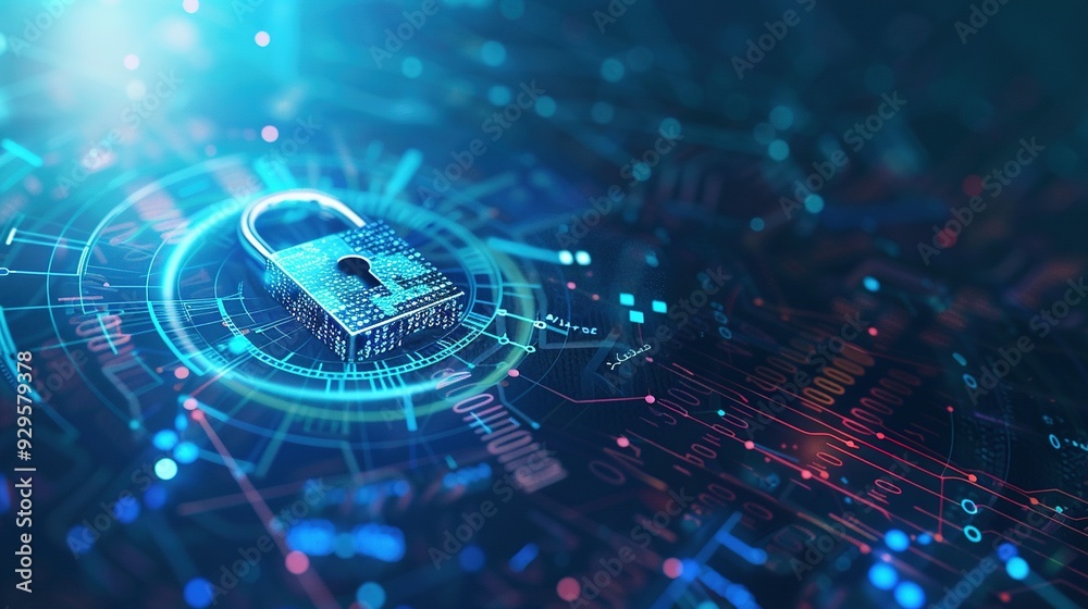 A Metallic Padlock Resting on a Circuit Board Background A Metallic Padlock Resting on a Circuit Board Background