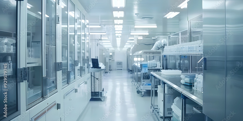 Modern industrial factory technology. Business equipment in clean room. Manufacture lab facility with machinery. Professional research in medical science. Inside pharmaceutical Modern industrial factory technology. Business equipment in clean room. Manufacture lab facility with machinery. Professional research in medical science. Inside pharmaceutical