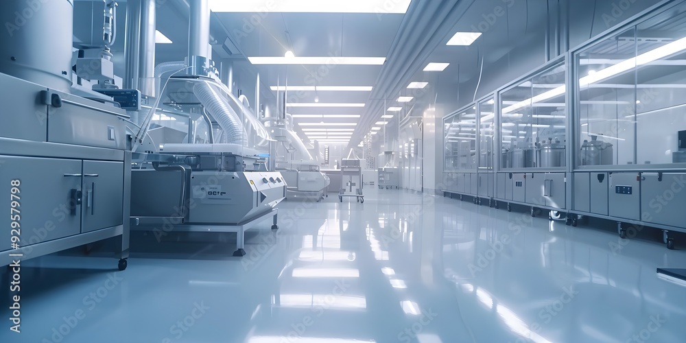 Obraz premium Modern industrial factory technology. Business equipment in clean room. Manufacture lab facility with machinery. Professional research in medical science. Inside pharmaceutical
