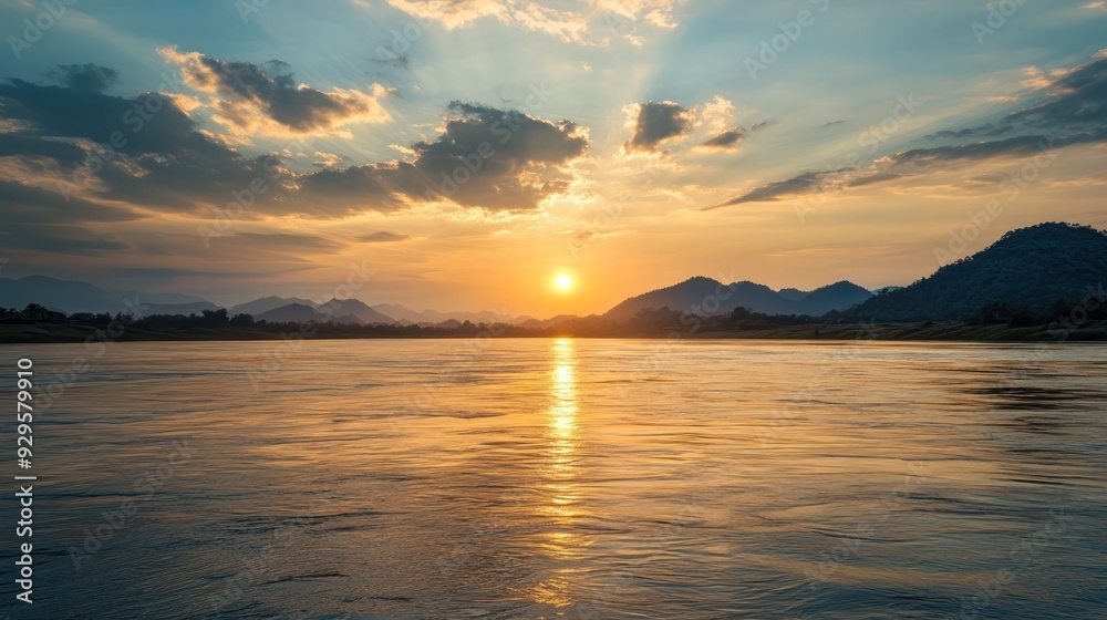 Fototapeta premium The sun is setting over a body of water, casting a warm glow over the landscape