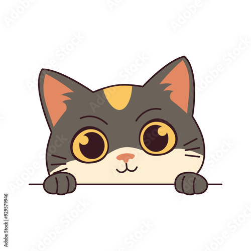 Cute Curious Gray Cat Kitten Cartoon Character Hiding while Peeking