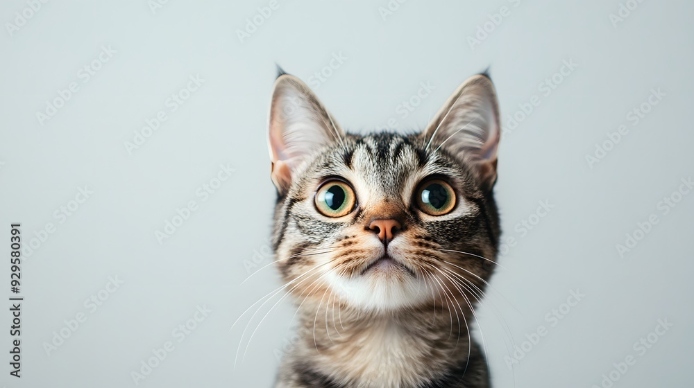 Curious cat standing with its ears perked up on a plain backdrop
