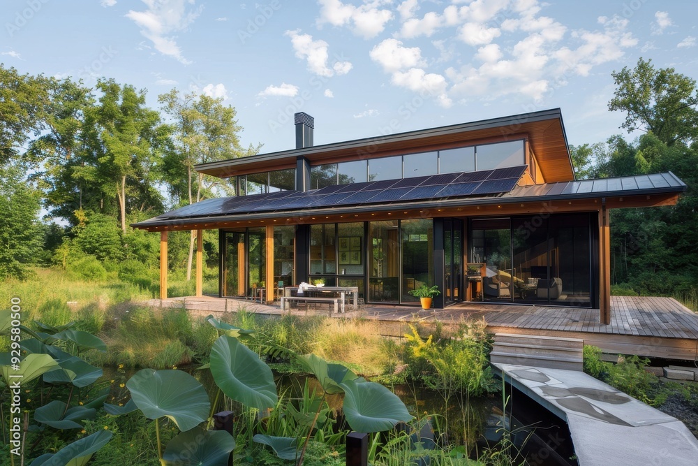 Modern House With Solar Panels and Pond. Modern House With Solar Panels and Pond.