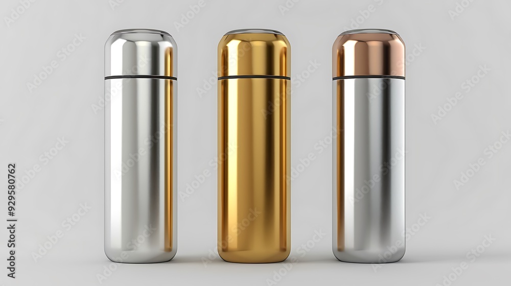 Luxurious and classy gold and silver thermos bottle on a white background. Drinking container Luxurious and classy gold and silver thermos bottle on a white background. Drinking container