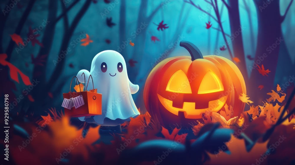 A ghost is holding a box and a pumpkin is on the ground A ghost is holding a box and a pumpkin is on the ground