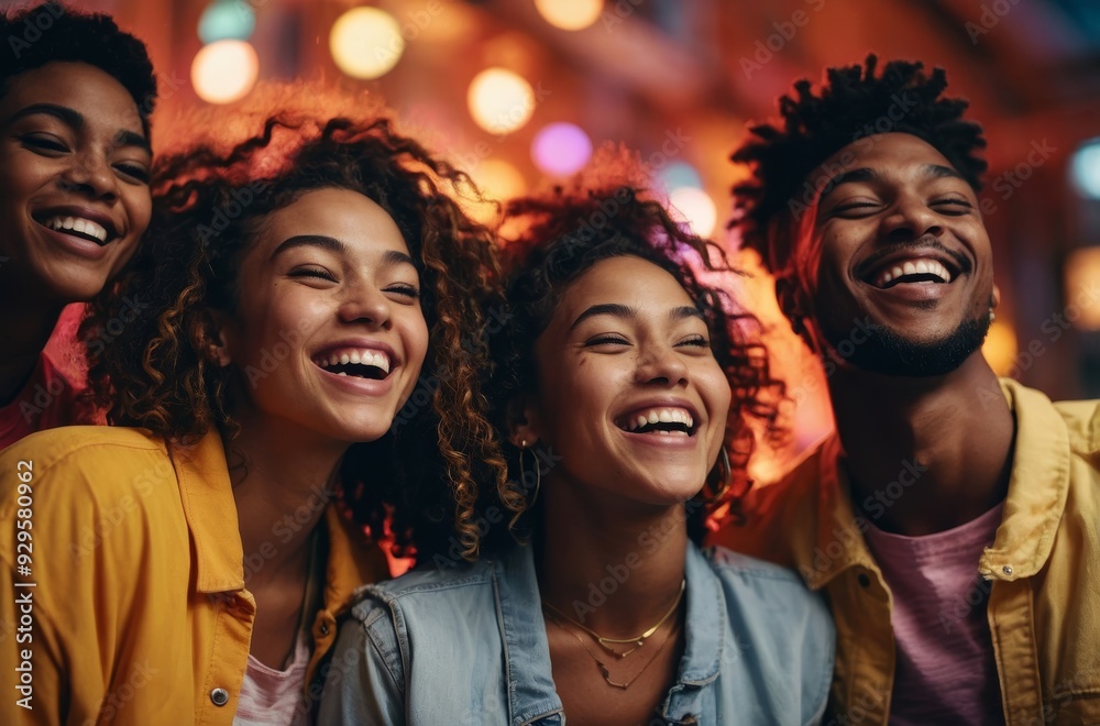 Four friends laughing at night with blurred lights in background Four friends laughing at night with blurred lights in background