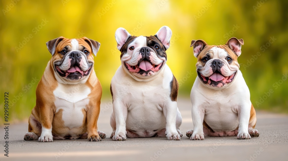 Three dogs are sitting on a road, smiling and looking at the camera Three dogs are sitting on a road, smiling and looking at the camera
