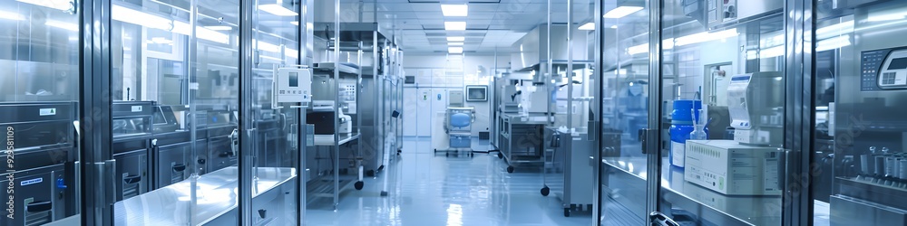 Modern industrial factory technology. Business equipment in clean room. Manufacture lab facility with machinery. Professional research in medical science. Inside pharmaceutical Modern industrial factory technology. Business equipment in clean room. Manufacture lab facility with machinery. Professional research in medical science. Inside pharmaceutical