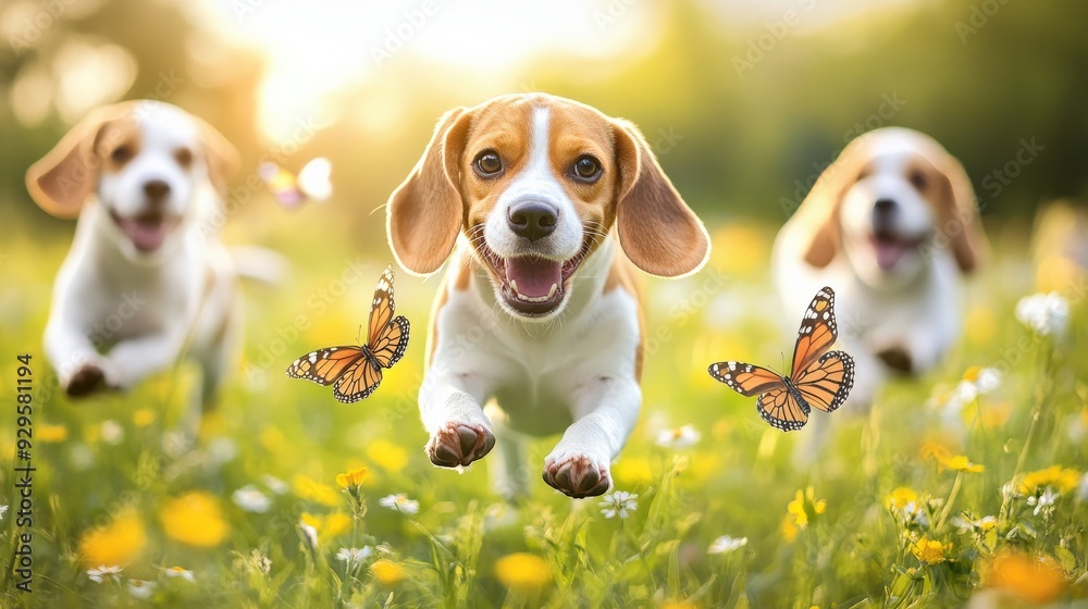 Three dogs are running through a field with butterflies in the background Three dogs are running through a field with butterflies in the background