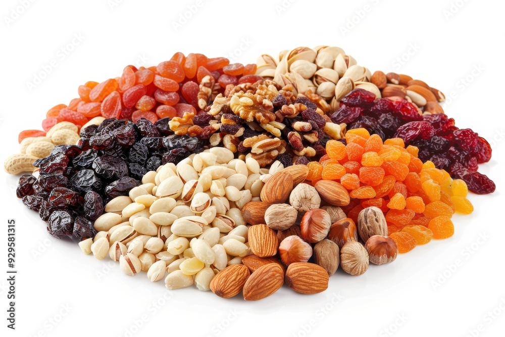 Assortment of dried fruits and nuts isolated on white background. Assortment of dried fruits and nuts isolated on white background.