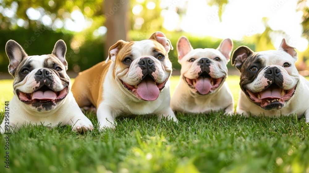Fototapeta premium Four dogs are laying on the grass, all of them smiling