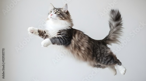 Playful cat leaping into the air on a plain white background