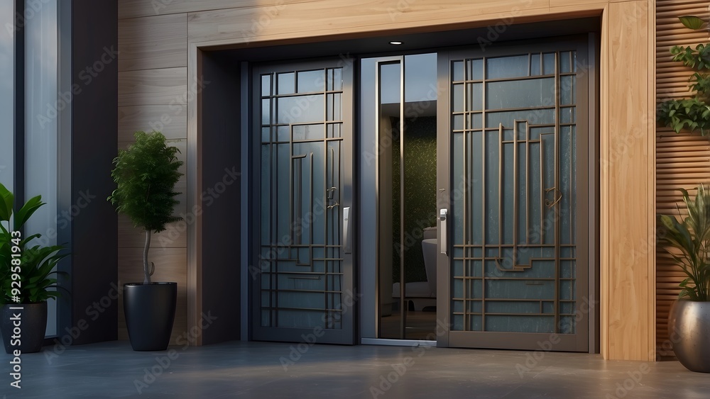 A modern creative door design of a small house exterior design with elegant front elevation door 