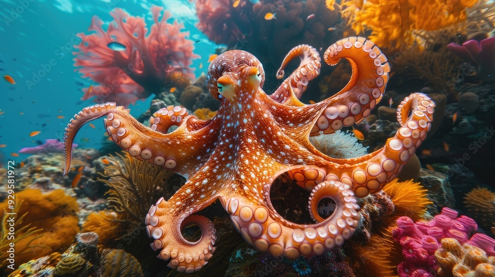 A Close-up of a Spotted Octopus in a Vibrant Coral Reef