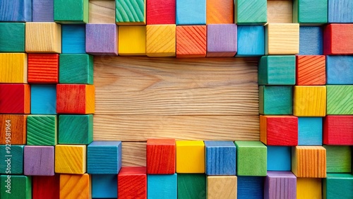 Abstract background created by arrangement of colourful wooden blocks