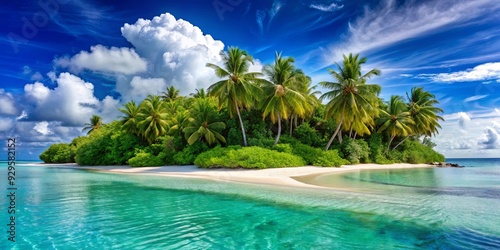 Tropical island paradise with sandy beach and lush trees on background. Ideal for summer vacation and travel designs