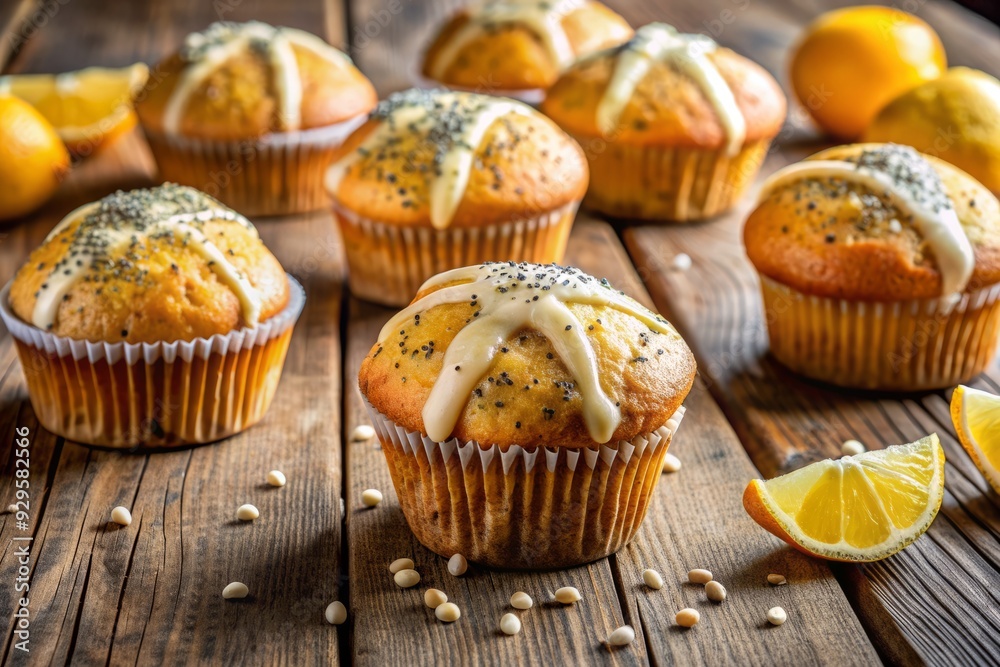 Freshly baked lemon poppyseed muffins arranged on a rustic wooden table, topped with a light glaze and sprinkled with poppy seeds, surrounded by natural light. Freshly baked lemon poppyseed muffins arranged on a rustic wooden table, topped with a light glaze and sprinkled with poppy seeds, surrounded by natural light.