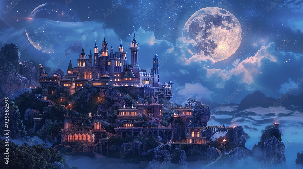 Obraz premium A grand castle built atop a mountain range under a full moon and starry night sky.