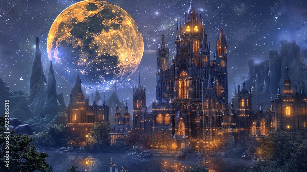Obraz premium A Majestic Gothic Castle Under a Giant Moonlit Sky
