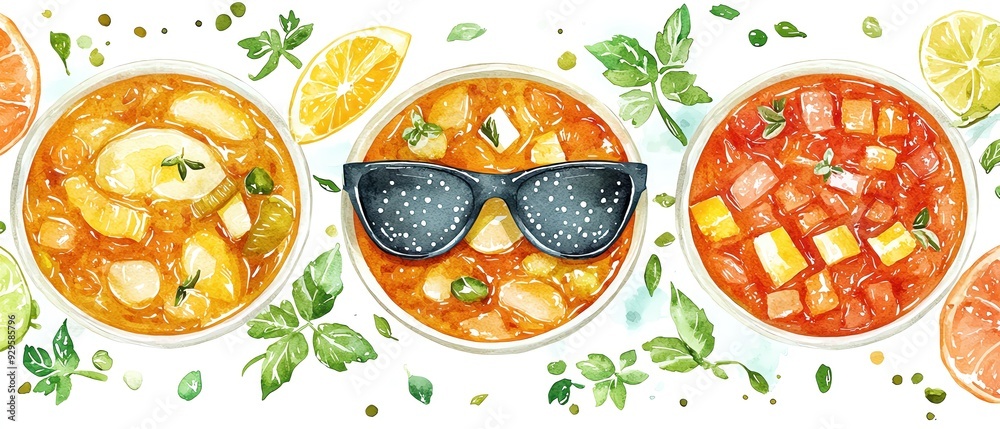 A vibrant of summer salads with fresh fruits, herbs, and sunglasses, perfect for a refreshing meal. A vibrant of summer salads with fresh fruits, herbs, and sunglasses, perfect for a refreshing meal.