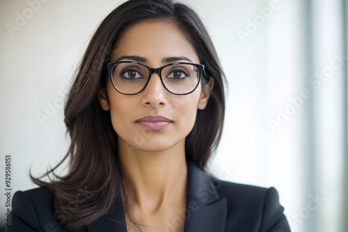 Indian business woman wearing suit and glasses serious work at office