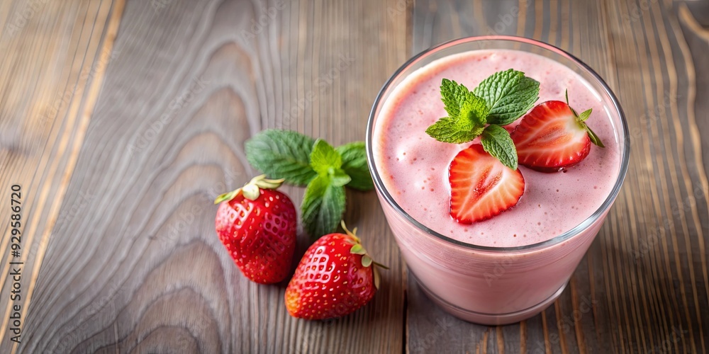 Top view of a delicious pink strawberry milkshake or cocktail in a glass Top view of a delicious pink strawberry milkshake or cocktail in a glass