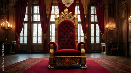 A red chair with a gold frame and red curtains with candles on it.