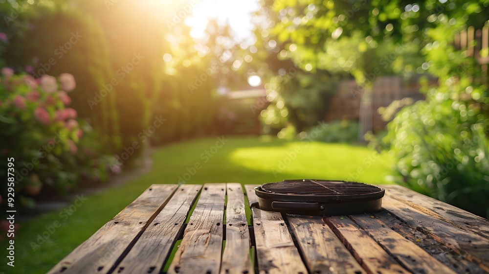 Summer time in backyard garden with grill BBQ, blurred background Summer time in backyard garden with grill BBQ, blurred background
