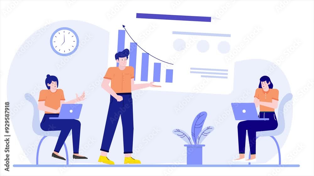 Team meeting with data presentation and analysis illustration business animated video Team meeting with data presentation and analysis illustration business animated video
