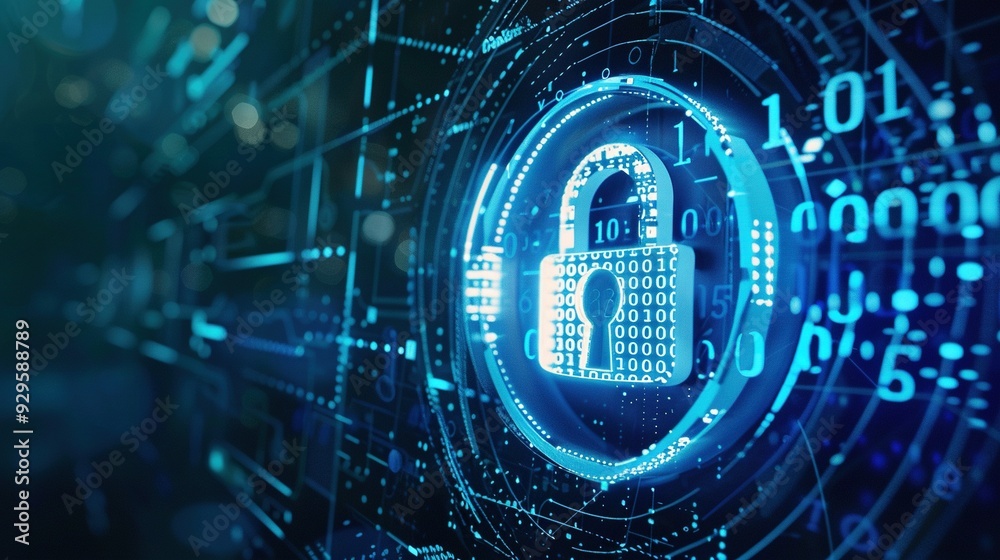 Digital Security Lock with Binary Code and Blue Glowing Lines