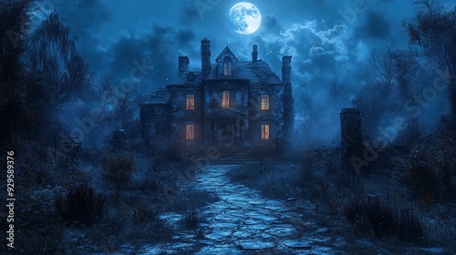 Eerie Haunted Mansion at Night with Full Moon and Foggy Atmosphere, Illuminated Windows, and Overgrown Pathway in Spooky Forest