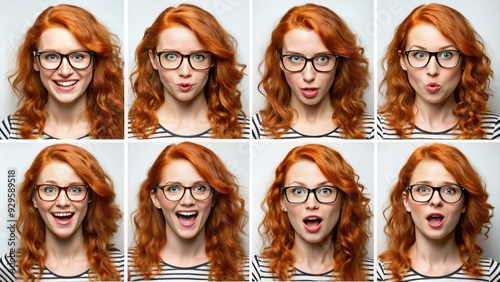 Eight identical portraits of a young red-haired woman wearing eyeglasses, showcasing a variety of humorous facial expressions, from sweet smiles to outrageous grimaces, on a clean white background. photo