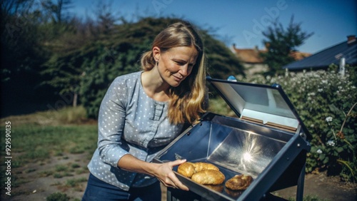 The woman uses a solar oven in her garden to bake bread, showcasing her commitment to sustainable living even in her cooking methods. photo