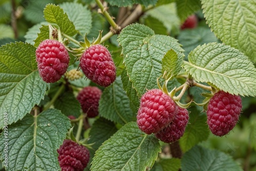 Fresh ripe raspberries growing on a plant, perfect for food, nature, or gardening-themed designs and projects. 