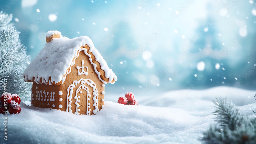 Naklejka premium Gingerbread house with snow background.