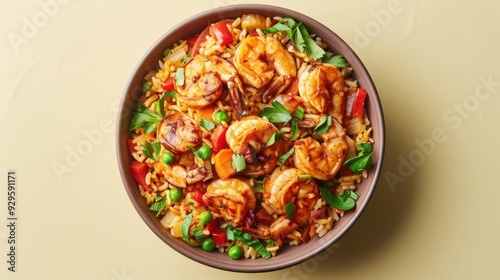 a bowl filled with shrimp and rice on top of a table