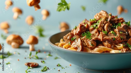 a bowl of pasta with meat and parsley