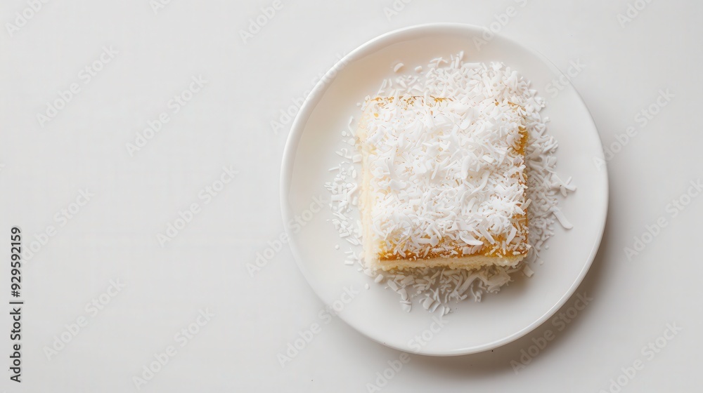 Top-View Tres Leches Cake with Shredded Coconut on White Plate Top-View Tres Leches Cake with Shredded Coconut on White Plate