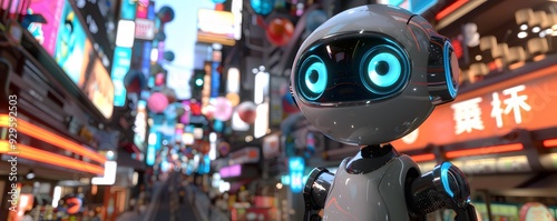 A White Robot with Blue Eyes Stands in a Futuristic City