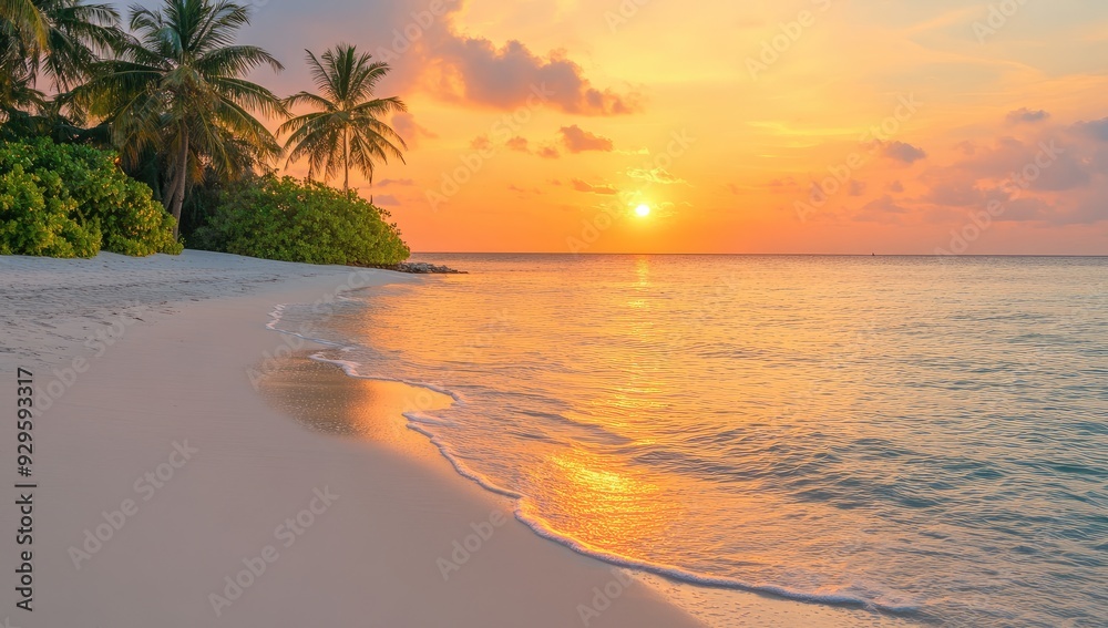 Sunset Over Maldives Beach, Calm Sea and Soft Sand with Ocean Waters Background Sunset Over Maldives Beach, Calm Sea and Soft Sand with Ocean Waters Background