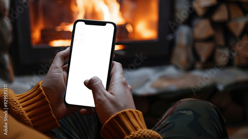 Person using phone in front of fireplace