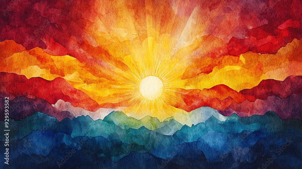 Vibrant watercolor scene depicting a radiant sun emerging over colorful mountains, showcasing nature's beauty and tranquility. Vibrant watercolor scene depicting a radiant sun emerging over colorful mountains, showcasing nature's beauty and tranquility.