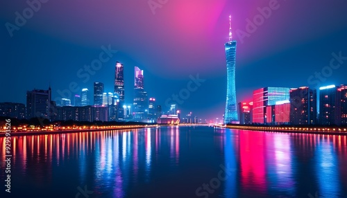 At the night view of Guangzhou city, neon lights are flashing, and modern buildings and beautiful rivers complement each other. photo