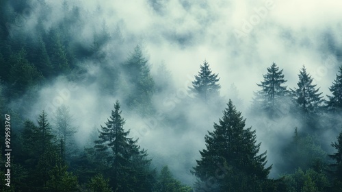 A misty forest landscape with tall trees shrouded in fog, creating a serene atmosphere.